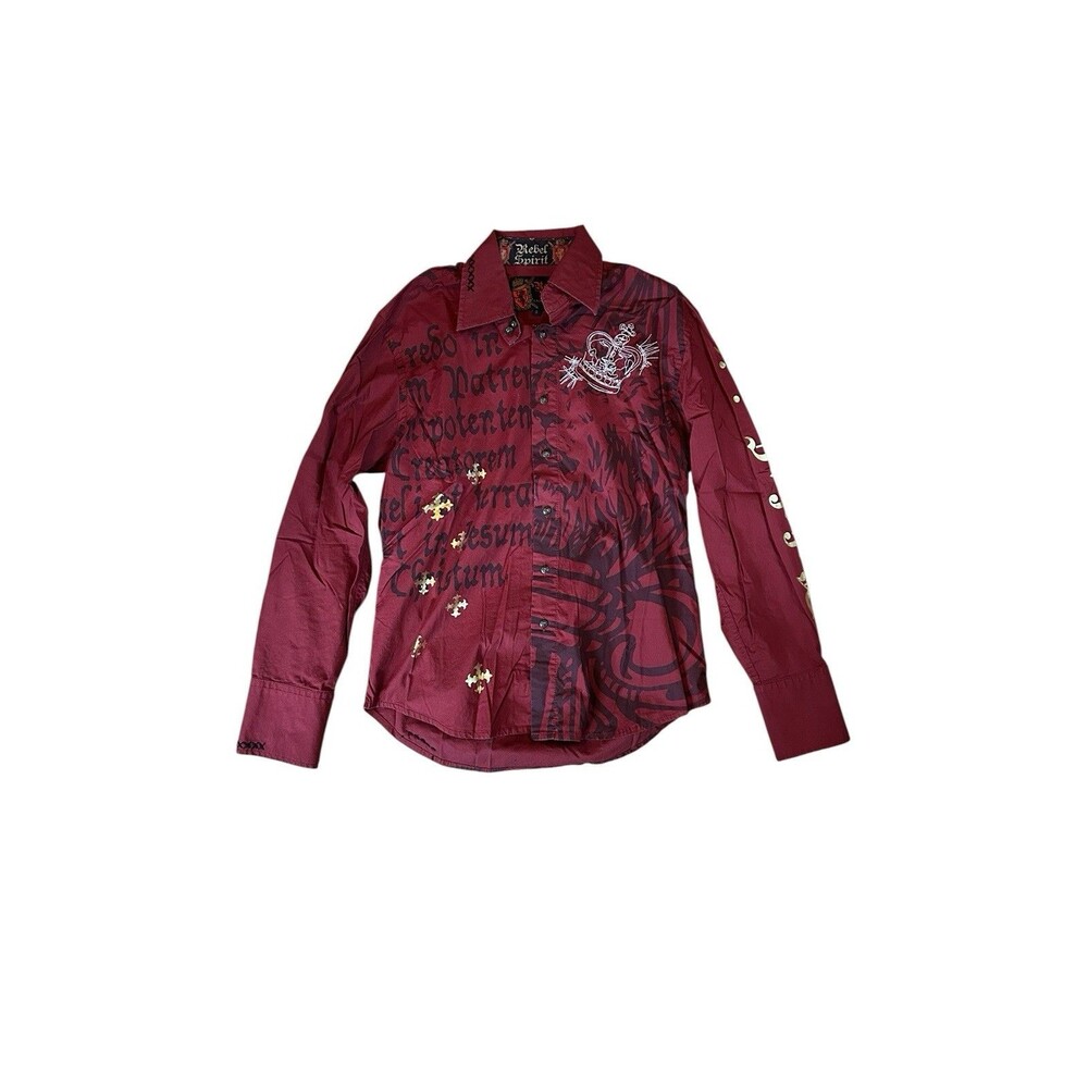 Rebel Spirit Men's Red Graphic Button Up Shirt S Embellished Crown